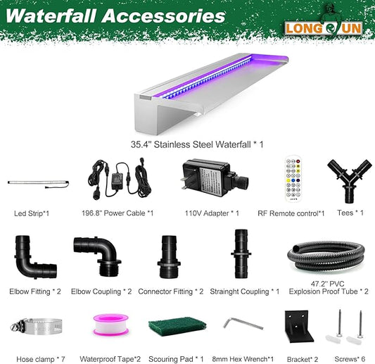 LONGRUN Stainless Steel Waterfall Spillway, APP Control Multi-Color LED Light Outdoor Pool Fountain, Water Spillway Koi Pond Waterfalls Fountains Kit for Garden Patio Swimming Pool Decoration-35.4"