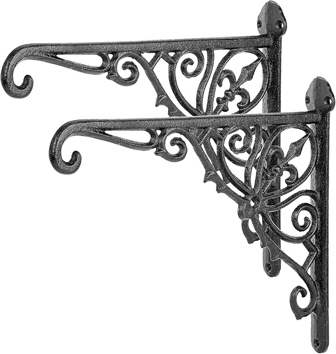 Sungmor Decorative Cast Iron Wall Bracket for Hanging Baskets – 2 Pack Heavy Duty Plant Hanger Hook for Outdoor/Indoor Use – Vintage Black Metal Hanging Bracket for Lanterns, Bird Feeders, Signs