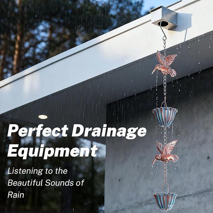 Rain Chains for Gutters, 8.8 Ft Rain Chains with 8 Cups & 9 Hummingbird Decor, Rain Barrels to Collect Rainwater from Gutter, Gutter Downspout Extensions