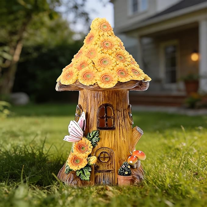 Resin Sunflower House Statue Solar Light, LED Waterproof Decorative Light, Birthday Gifts for Women Mom Grandma, Outdoor Sunflower Garden Statue Decoration for Garden Yard Patio Lawn Balcony Porch