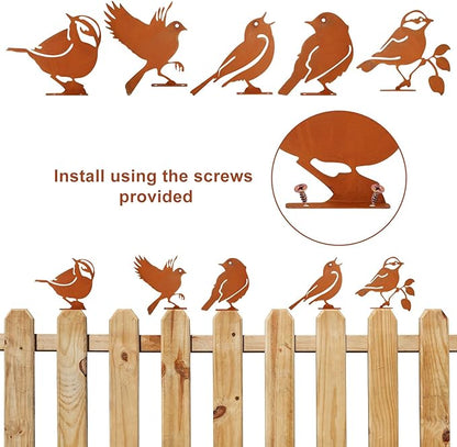 5PCS Metal Birds Fence Decoration, Outdoor Rusty Birds Garden Sculptures and Yard Art, Craft Statue Ornaments Rustic Farmhouse Garden Decor (Style 2)