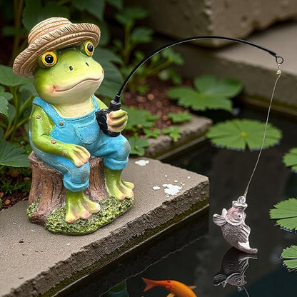 Outdoor Frog Statue Garden Koi Pond Resin Decoration, Frog Decor for Yard 7.1'' Fishing Statue Patio, Lawn Garden Decorative, Fishing Animals for Waterfalls or Koi Pond Additioanl, Gifts for Mom