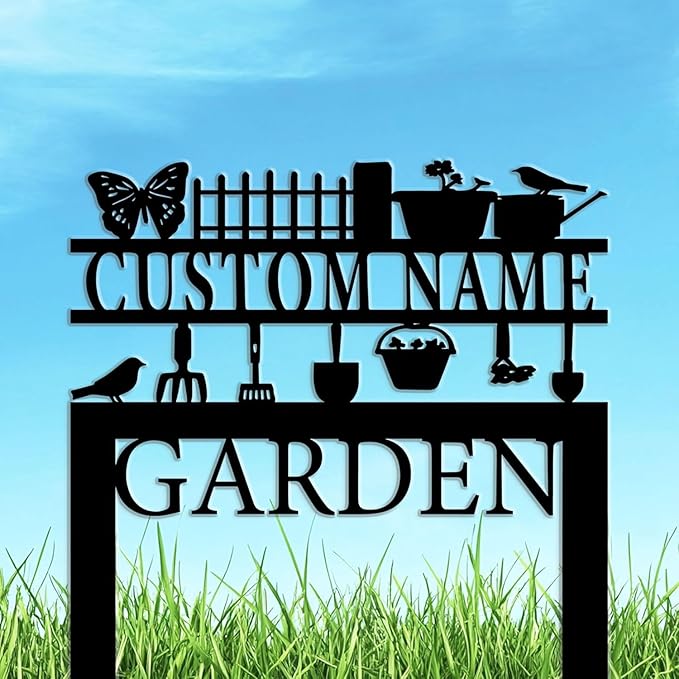 Personalized Garden Signs,Custom Wrought Iron Lawn Signs with Butterflies and Weeding Tools-Insertable Metal Art for Outdoor, Courtyard,and Flower Bed Decor-Custom Outdoor Plaques