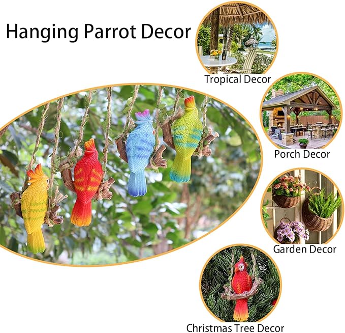Hanging Parrot Garden Statue Decor Outdoor Hanging Animals Sculpture Decorations Tropical Swing Bird Figurine for Patio Tree Plant Lawn Yard Porch Balconies (Red)