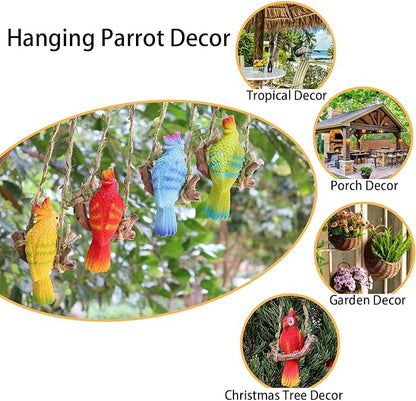 Hanging Parrot Garden Statue Decor Outdoor Hanging Animals Sculpture Decorations Tropical Swing Bird Figurine for Patio Tree Plant Lawn Yard Porch Balconies (Red)