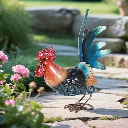 16.5" Whimsical Metal Rooster Garden Statue, Handmade Morning Crowing Rooster Sculpture with Green Tail Feathers, Rust-Resistant Iron Art for Yard, Farmhouse, Kitchen & Outdoor Decor