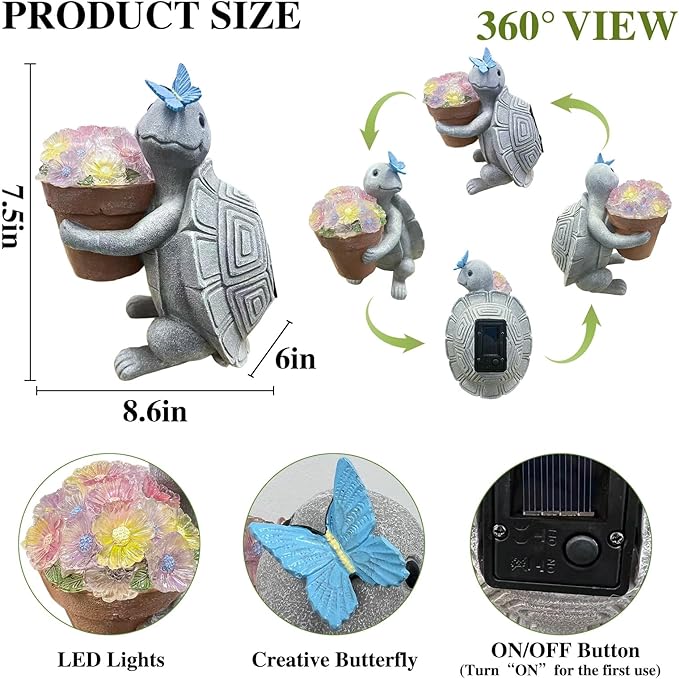 Solar Turtle Garden Statue with LED Light (6"W x 8.6"L x 7.5"H) – Cute Solar Garden Decor Outdoor Turtle Statue for Patio Yard Backyard Lawn, Turtle Decor Garden Statues, Unique Turtle Gifts