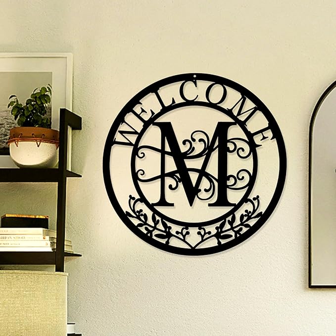Metal Monogrammed Initial Welcome Sign, Metal Letter Wall Art Decor, Name Sign for Home Porch Front Door Outdoor (M)