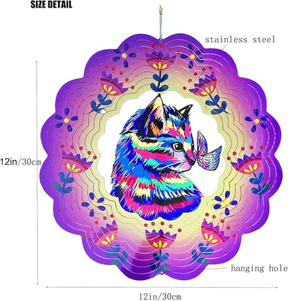 Wind Spinner, 3D Hanging Wind Spinner Ornament, Gifts for Women Mom Grandma, 12inch Metal Wind Kinetic Sculpture for Outdoor&Indoor Decor, Yard Art, Garden Decoration (Purple-Cat)
