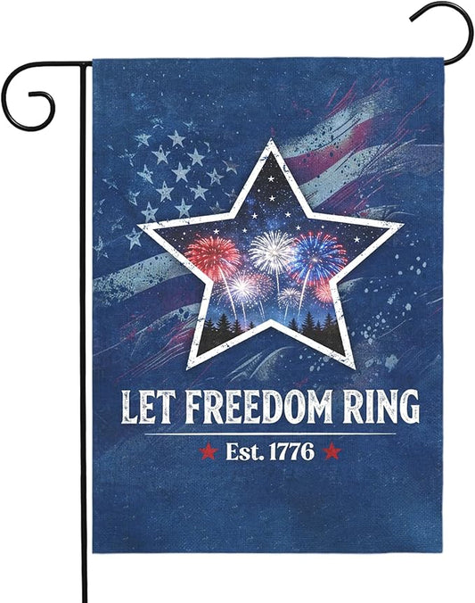 Fourth of July Patriotic Garden Flag Let Freedom Ring Yard Flags Independence Day Double Sided American Star Fireworks House Banner for Porch Patio Memorial July 4th Home Decor 12 x18 Inch
