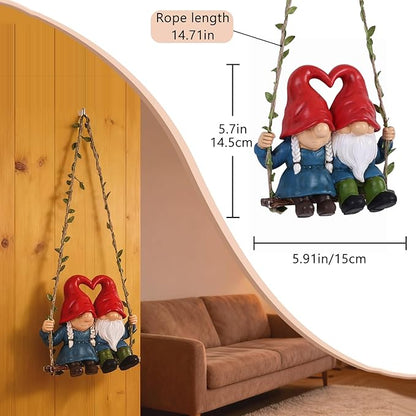Valentine Gnome Couple on Swing, Cute Wedding Gnomes Figurines for Home & Garden Décor, Romantic Gnomes for Yard, Outdoor Gnome Statues for Porch, Patio, Tree Decorations