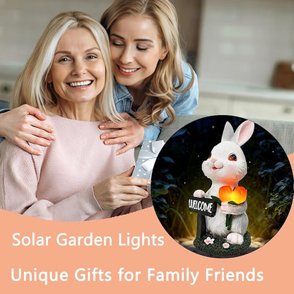 Solar Garden Outdoor Statues Lights Rabbit Garden Sculptures Birthday Housewarming Bunny Gifts for Women Mom Grandma for Patio Yard Lawn Backyard Decorations