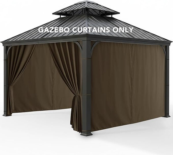 Gazebo Curtains Outdoor Waterproof - 10'Wx10'Lx7'H Weatherproof Patio Pergola Outside Curtains, Gazebo Universal Replacement Privacy Curtains, 4 Panels Sidewall Drapes with Zipper, Brown