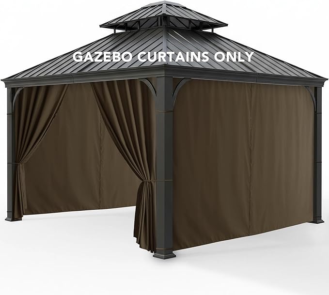Gazebo Curtains Outdoor Waterproof - 12'Wx12'Lx7.9'H Windproof Patio Pergola Outside Sidewall Drapes with Zipper, 4 Panels Gazebo Universal Replacement Privacy Curtains, Brown