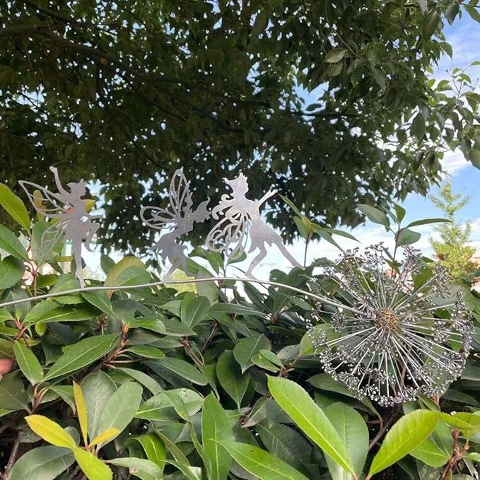 Fcteap Flower Fairy Dancing with Dandelion Garden Art Sculpture Stainless Steel Statue Christmas Halloween Decoration for Outdoor Yard Courtyard Lawn Patio Metal Ornaments (Three Persons)