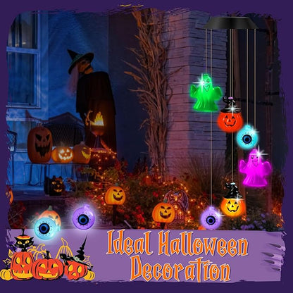GlikCeil Halloween Solar Wind Chimes 27.5Inch Halloween Decorations Outside Waterproof Hanging LED for Yard, Porch, Patio, Party, Color Changing Eyeballs Ghost Lights(Mixed)