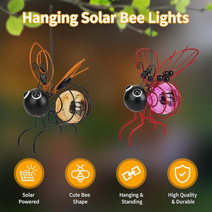 Solar Bees Lights Outdoor 2025 New Hanging Solar Garden Bee Outdoor Patio Garden Decor Simulation Bumble Solar Light for Christmas, Yard, Patio, Porch