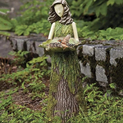 Akozon Enchanting Fairy Garden Statue with Bird Feeder - Elegant Ornament for Outdoor Decor, 1 Feet Tall Garden Art Sculpture with LeafShaped Seed Bowl (Green)