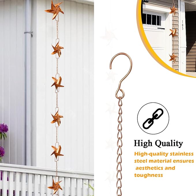 taman Rain Chain Set, 6ft Windmill Rain Chain for Gutters,Copper Rain Chain Cups to Replace Gutter Downspout, Divert Water, 6 Cups, Rose Gold