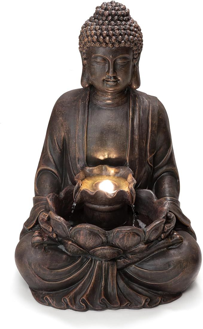 Glitzhome Buddha Statue 28" H, Outdoor Buddha Large Statue Zen Style Buddha Fountian with LED Light & Pump Polyresin Outdoor Floor Freestanding Fountain Garden Buddha Sculptures & Statues Lawn Décor