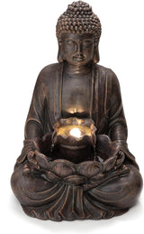 Glitzhome Buddha Statue 28" H, Outdoor Buddha Large Statue Zen Style Buddha Fountian with LED Light & Pump Polyresin Outdoor Floor Freestanding Fountain Garden Buddha Sculptures & Statues Lawn Décor