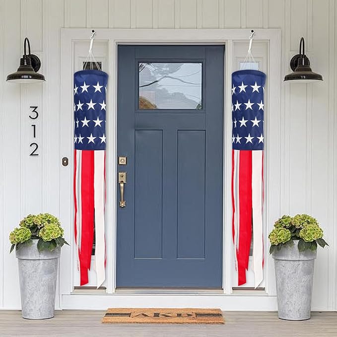 2Pack American Flags Windsock 60Inch Patriotic Decor 4th of July Windsocks with Embroidered Stars Wind Socks Hanging USA Flag Windsock Decoration for Outside Décor Memorial Day,Presidents Day