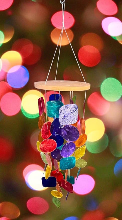 Top Brass 24” Rainbow Windchime – Unique Capiz Seashells with Square and Round Shells – Blue, Green, Red, Orange, Yellow, Purple and Aqua - Soothing Soft Sounds - Hanging Outdoor Porch Patio Décor