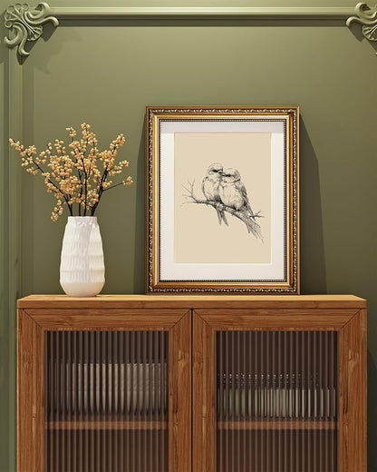 ARPEOTCY Vintage Gold Framed Wall Art, Sketch Birds in Love on a Branch Paintings, Canvas Prints Artwork with Antique Frame, Wall Picture Decor for Bedroom Gallery Living Room, 13x16 inch
