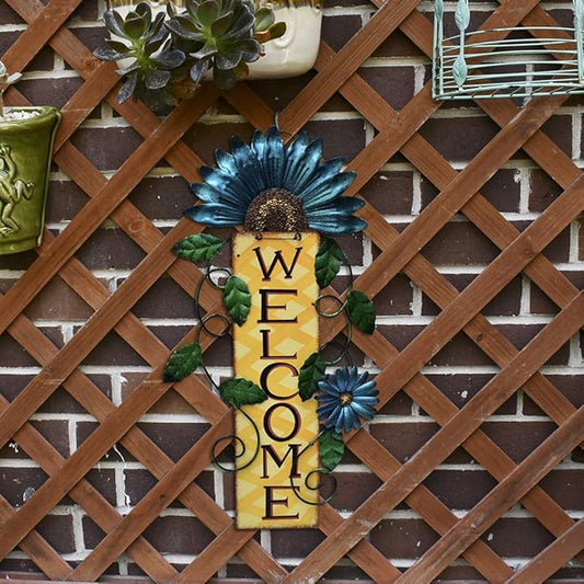Attraction Design Welcome Sign for Front Door Decor Hanging Sign, Metal Flower Welcome Door Sign Wall Art Decor Hanging for Indoor Outdoor Patio Garden Yard Sign Porch Decoration 15.25X8.5In (C)