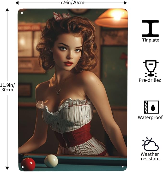 Cafemira Vintage tin sign,sexy woman &pool table,Metal sign,Home Art wall decor plaque,for living room,club,man cave,Yard,Garden,Patio,indoor outdoor decorative poster,easy to hang.8x12inch
