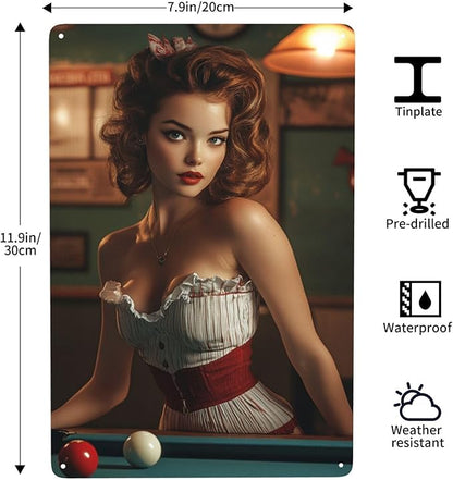 Cafemira Vintage tin sign,sexy woman &pool table,Metal sign,Home Art wall decor plaque,for living room,club,man cave,Yard,Garden,Patio,indoor outdoor decorative poster,easy to hang.8x12inch