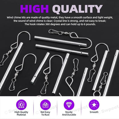 Swpeet 60Pcs Wind Chime Tubes Parts and Transparent Top Circles of Wind Chime with 100 Yard Wind Chime Wire and Swivel Hooks Clips Making