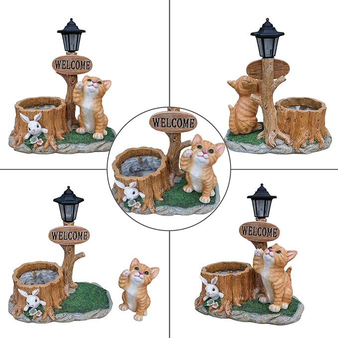 20" Solar Cat Garden Statue with Welcome Sign & Planter - Large Cat Sculpture with LED Street Lantern - Weatherproof Resin Decorative Flower Pot for Porch, Yard & Patio - Pet Lover Gift