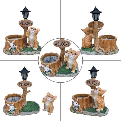 20" Solar Cat Garden Statue with Welcome Sign & Planter - Large Cat Sculpture with LED Street Lantern - Weatherproof Resin Decorative Flower Pot for Porch, Yard & Patio - Pet Lover Gift