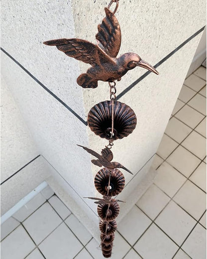 8.5FT Rain Chain, Hummingbird Rain Chains for Gutters, Functional and Decorative Replacement Downspout Chain for Outside, Metal Garden Rainwater Diverter Catcher Chains, Antique Copper