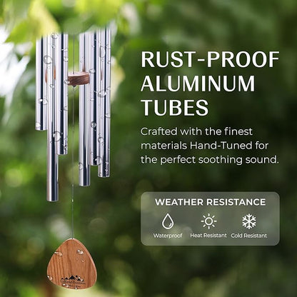 UpBlend XL Wind Chimes for Outside Gift – Deep Tone Wind Chime with Decorative Stone – Garden and Patio Décor for Porch or Yard, Elegant Outdoor Ornament, Meaningful Gift for Neighbors. 41” Silver.
