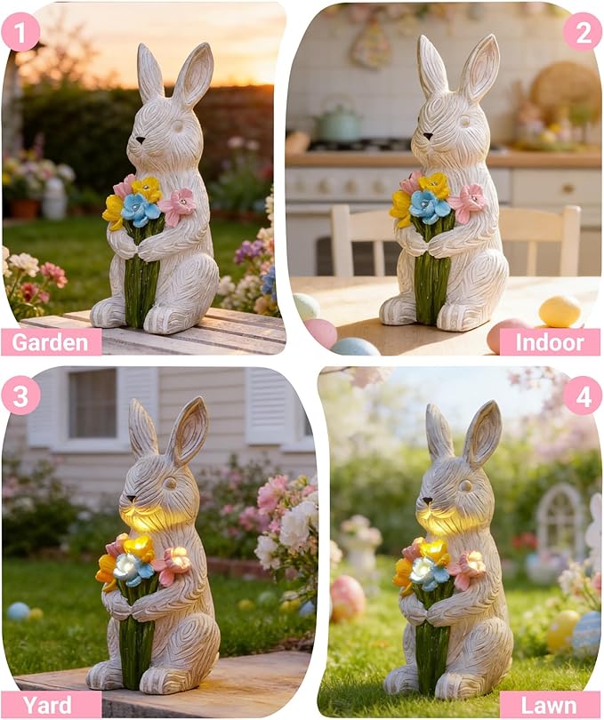 Nacome Solar Bunny Garden Decor: Outdoor Rabbit Statue with Succulent for Yard Art Lawn Ornaments Porch Patio Balcony - Easter Birthday Gifts for Mom Women Grandma