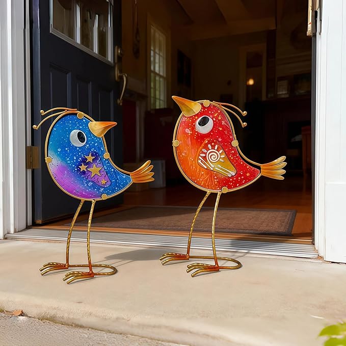 HONGLAND Garden Decor for Outside, Funny Metal & Glass Bird Decor Indoor Outdoor Set of 2, Yard Art Decorations with Housewarming Gift Idea, Colorful Garden Statues