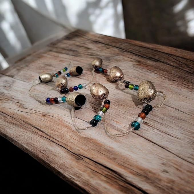 Vintage Rustic Metal Dome Bells Garland with Multicolor Glass Beads – Handcrafted Hanging Decor for Indoor Outdoor Garden, Patio, Farmhouse & Boho Style (8 Bells)