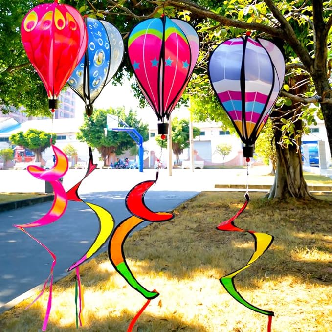 4 PCS Hot Air Balloon Wind Spinners Colorful Wind Spinner Fish Bubble Wind Sculptures Peacock Garden Spinner Wind Socks Rotating Wind Twister Spiral Spinner Hanging for Yard Garden Outdoor Decor