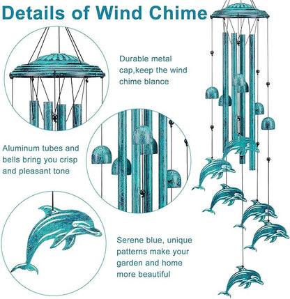 Dolphin Wind Chimes for Outside, Dolphin Gifts for Women Men Mom Grandma Birthday, 37" Windchimes Hanging Outdoors Garden Decor, Home Patio Garden Porch Yard Decorations (Blue-Dolphin)