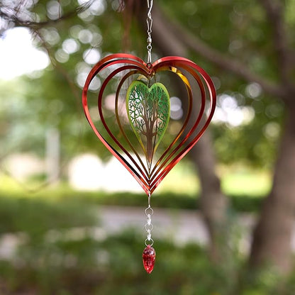 3D Heart Shaped Wind Spinner, 10"x7" Stainless Steel Outdoor with Tree of Life Design, Waterproof Colorful Hanging Wind Rotator with Soothing Bell, Decorative Garden Yard Patio Art Gift