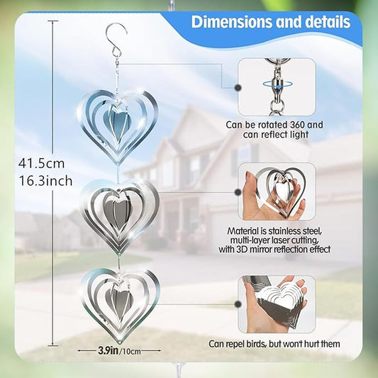 Stainless Steel Wind Spinner,3D Silver Indoor Outdoor Garden Decoration Crafts Ornaments,Metal Wind Chimes for Outside Decor,Decorations to Scare Away Yard Birds (Heart-Wind Sculpture)