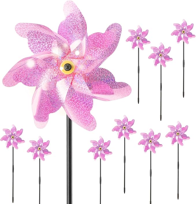 BATTIFE Reflective Pinwheels for Yard and Garden, Pre-Installed Bird Blinder Sparkly Pin Wheel, Scare Birds & Animal Away Wind Spinner, 10 Pack (Pink)