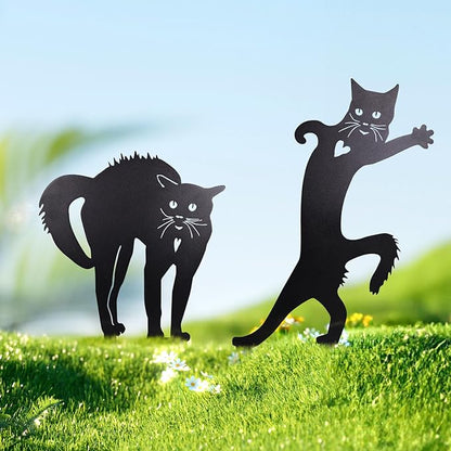 2 PCS Cat Silhouette Yard Art Garden Decorative Stake Hollow Out Animals Silhouette Statue Decor, Black Cat Statue Sets for Pathway, Floor, Garden, Lawn, Outdoor Decoration