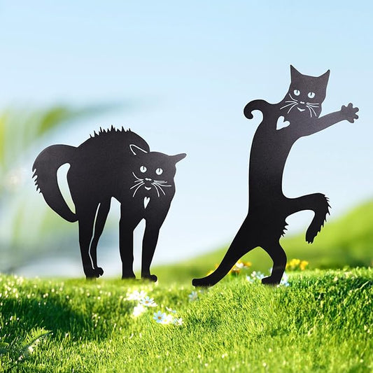 2 PCS Cat Silhouette Yard Art Garden Decorative Stake Hollow Out Animals Silhouette Statue Decor, Black Cat Statue Sets for Pathway, Floor, Garden, Lawn, Outdoor Decoration
