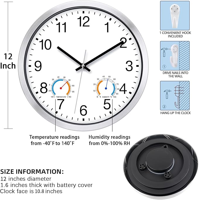 Caysie 12 Inch Indoor Outdoor Clocks Waterproof with Thermometer and Hygrometer Combo, Silent Battery Operated Quartz Metal Wall Clock for Patio Pool Bathroom Home (White)