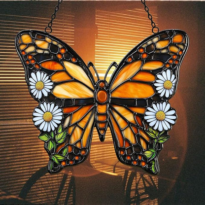 Vivid Tiffany Butterfly Floral Acrylic Suncatcher Stained Glass Effect Window Car Hanging Christmas Ornament Indoor Outdoor Decor Garden Sun Catcher Panel for Butterfly Lover for Women Mom Grandma