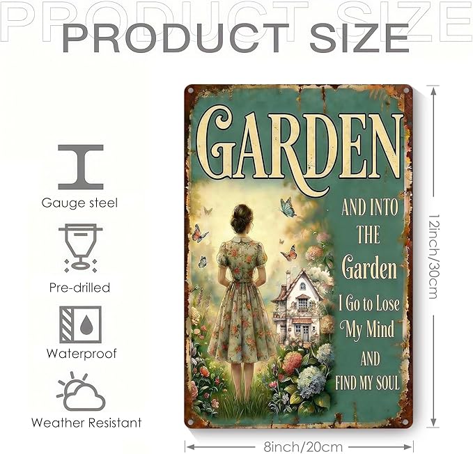 Vintage Metal Garden Sign, and Into The Garden I Go Wall Decor, Gardening Gifts for Women, Home Patio Yard Art, 8 x 12 Inches