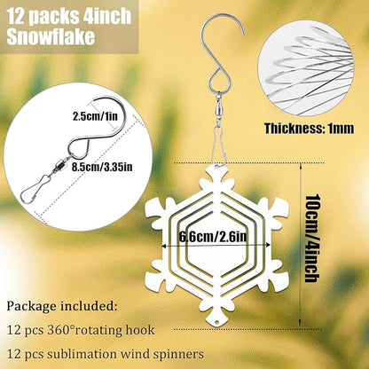 12Pack 4inch Sublimation Wind Spinner Blanks 3D Aluminum Metal Wind Sculpture Kinetic Spinners for Yard and Garden Indoor Art Sublimation Christmas Ornament Hanging Decoration (Snowflake)